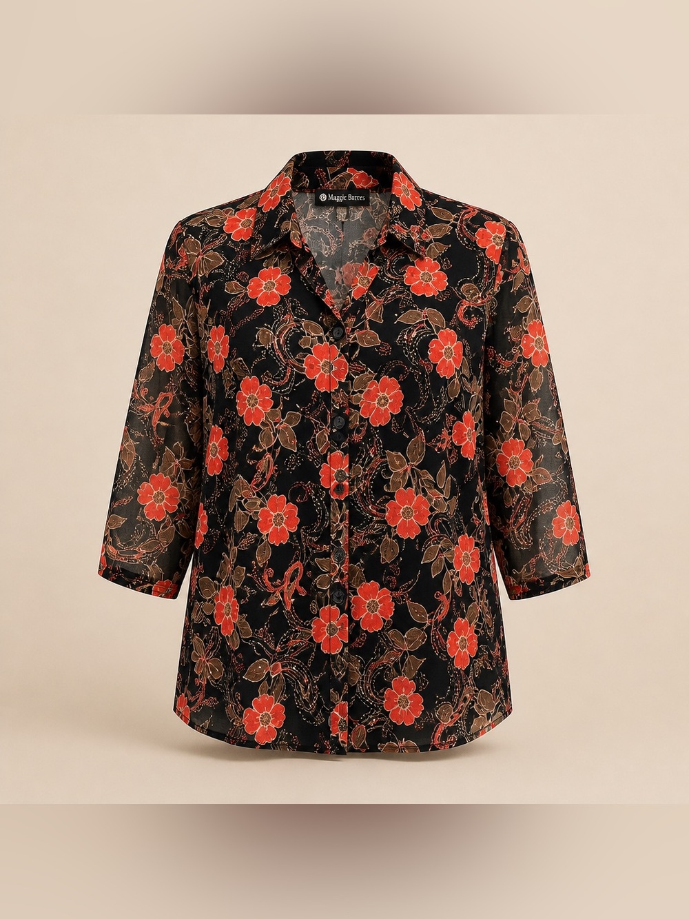Maggie Barnes 22W Polyester Faux Lined Floral Paisley Leaf Pattern Button Blouse